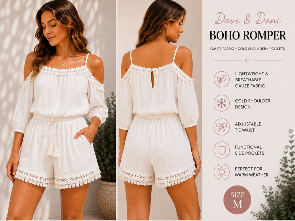 Davi & Dani White Boho Off Shoulder Romper NWT Tassel Fringe Crochet Trim Medium